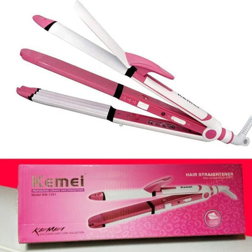 Kemei Km-1291 Professional 3 In 1 Hair Straightener Multifunction Ceramic coating Iron Wave Zig Zag Hair Curler and Straighter for women