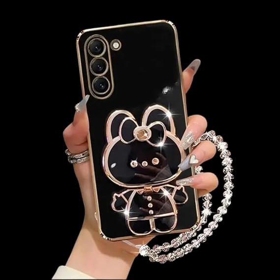 Cute Bunny Rabbit Mirror Design with Kickstand & Makeup Mirror Luxury Girly Case Compatible with Samsung S23Ultra & S24Ultra