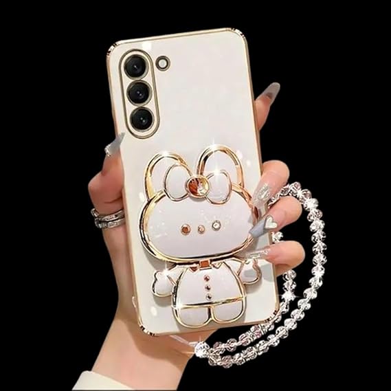 Cute Bunny Rabbit Mirror Design with Kickstand & Makeup Mirror Luxury Girly Case Compatible with Samsung S23Ultra & S24Ultra