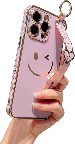 Smiley Face Design Soft TPU electroplated Case Compatible with [iPhone 16, 16Plus, 16Pro, 16ProMax with Ring, Kickstand Strap