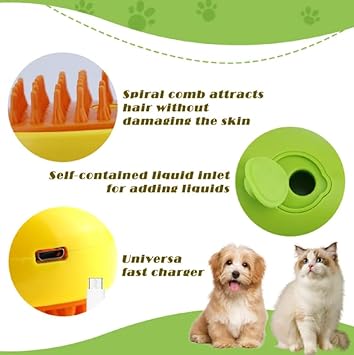 Best Quality Pet Brush Rechargeable Steaming Comb for Pets 3 In 1 Dog Remove Static Grooming Brush Silicone Eliminates Tangled Hair Vapor Spray Massage Brushes for Cat (Yellow)