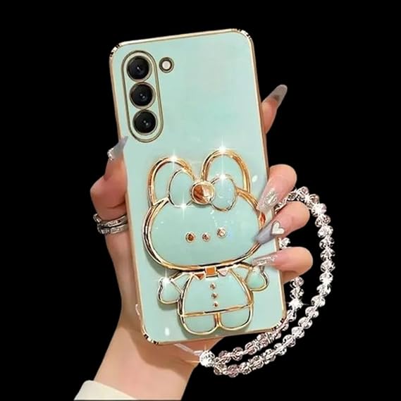 Cute Bunny Rabbit Mirror Design with Kickstand & Makeup Mirror Luxury Girly Case Compatible with Samsung S23Ultra & S24Ultra