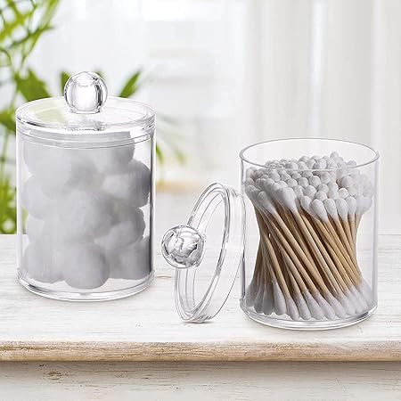 Jars Qtip Holder, Qtip Holder Dispenser for Cotton Ball, Cotton Swab, Storage Canister Clear Plastic Acrylic Jar, Qtips Cottons Buds for Bathroom Canister Storage, Vanity Makeup Organizer