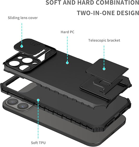 Tiwinxing Compatible with iPhone 14 Pro Max Case with Slide Camera Cover, iPhone 14 Pro Max Phone Case with Stand Shockproof Hard PC Cases (Black)