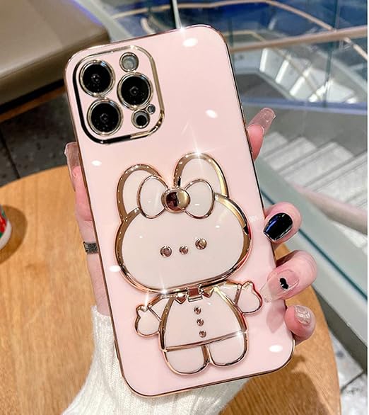 for iPhone 14 Pro Max Case for Women Girls,6D Cute Hidden Rabbit Bunny Stand Mirror Design,Luxury Plating Glitter Soft Silicone Makeup Girly Phone Case with Camera Cover for iPhone 14 Promax Pink