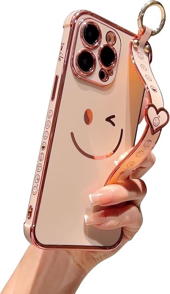 Smiley Face Design Soft TPU electroplated Case Compatible with [iPhone 16, 16Plus, 16Pro, 16ProMax with Ring, Kickstand Strap