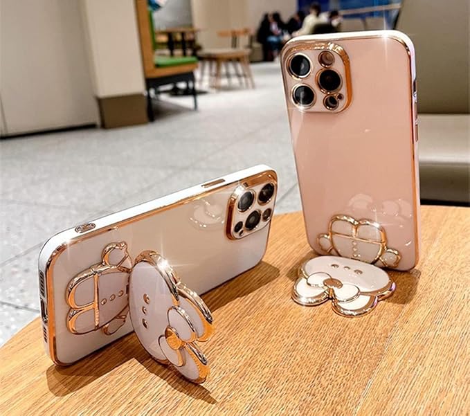 Cute Bunny Rabbit Mirror Design with Kickstand & Makeup Mirror Luxury Girly Case Compatible with iPhone 15 Pro & 15 Pro Max