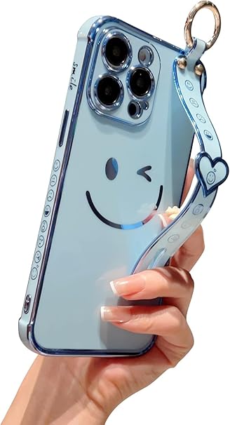 Smiley Face Design Soft TPU electroplated Case Compatible with [iPhone 16, 16Plus, 16Pro, 16ProMax with Ring, Kickstand Strap