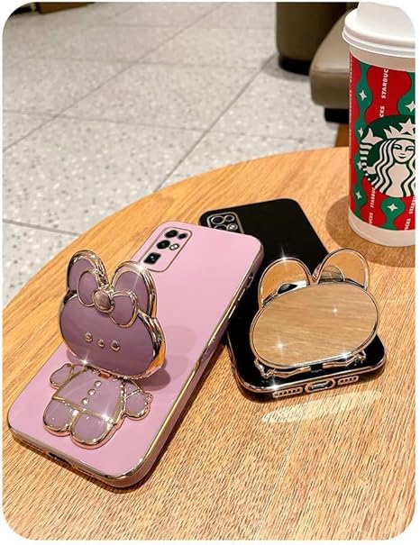 Cute Bunny Rabbit Mirror Design with Kickstand & Makeup Mirror Luxury Girly Case Compatible with Samsung S23Ultra & S24Ultra