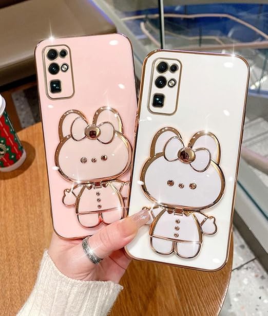 Cute Bunny Rabbit Mirror Design with Kickstand & Makeup Mirror Luxury Girly Case Compatible with Samsung S23Ultra & S24Ultra