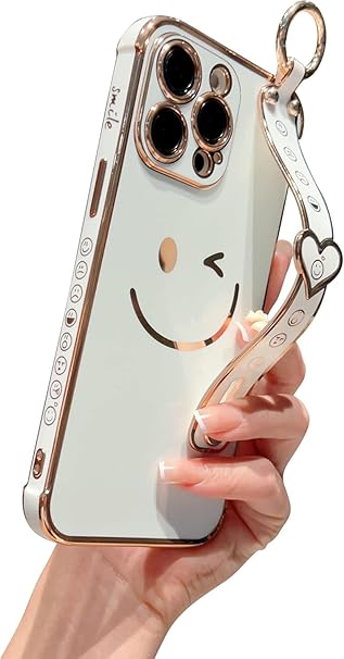 Smiley Face Design Soft TPU electroplated Case Compatible with [iPhone 16, 16Plus, 16Pro, 16ProMax with Ring, Kickstand Strap