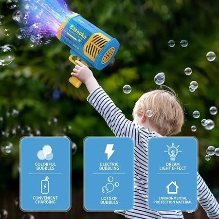 Bubble Gun 69 Holes Bazooka with Flash Lights|Rocket Boom Bubble Blower|Giant Bubble Machine Gun,Toddler Outdoor Toys for Kids Ages 4-8,Best Gifts for 3 5 6 7 Year Old Boys and Girls,Adults (Blue)