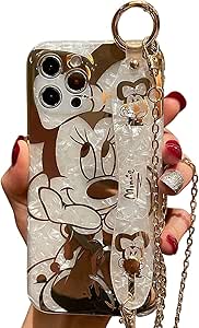 Filaco Cartoon Case for iPhone 13 Pro Max, Cute Minnie Sparkle Bling Cover with Metal Chain Strap, Wrist Strap Kickstand Soft TPU Shockproof Protective for Women & Girls