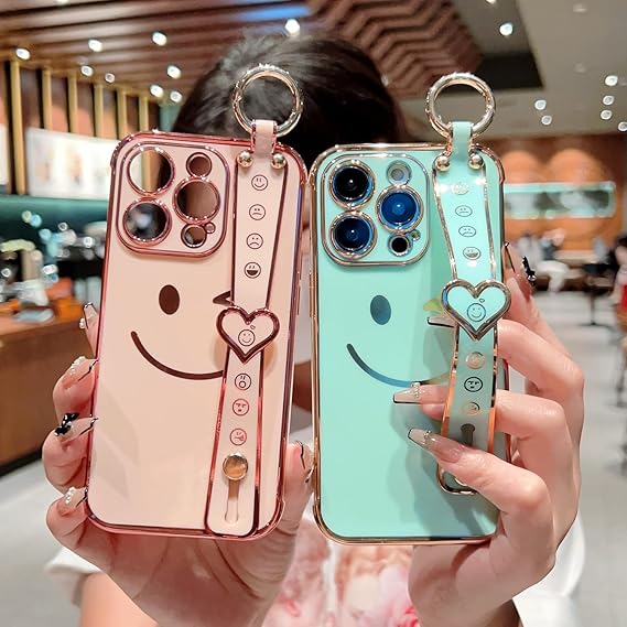 Smiley Face Design Soft TPU electroplated Case Compatible with [iPhone 16, 16Plus, 16Pro, 16ProMax with Ring, Kickstand Strap