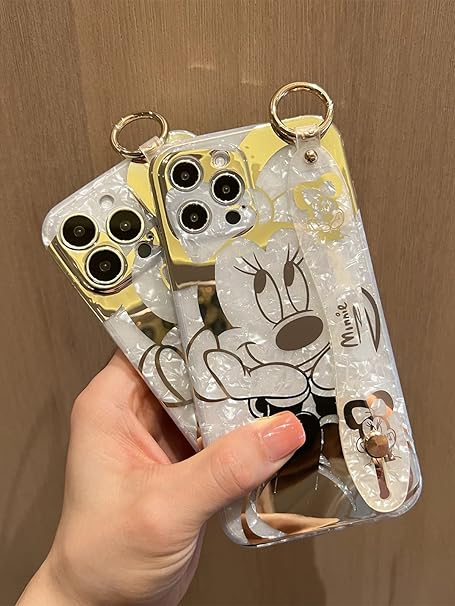 Filaco Cartoon Case for iPhone 13 Pro Max, Cute Minnie Sparkle Bling Cover with Metal Chain Strap, Wrist Strap Kickstand Soft TPU Shockproof Protective for Women & Girls