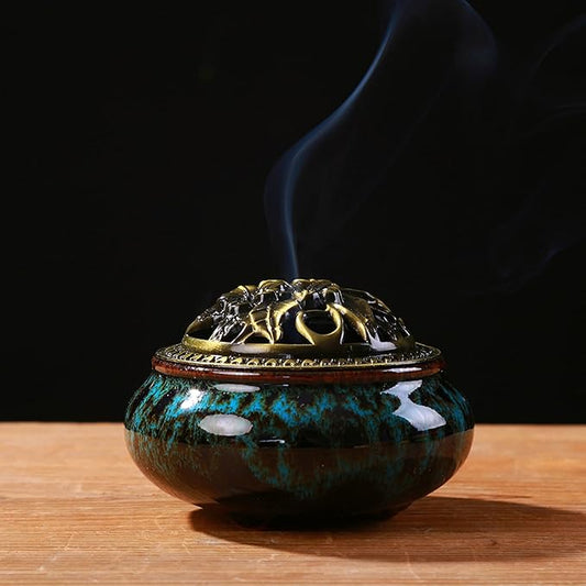 Ceramic Incense Burner with Incense Stick Holder + Insulation use for Stick or Coil Incense, Sage Cones and Frankincense