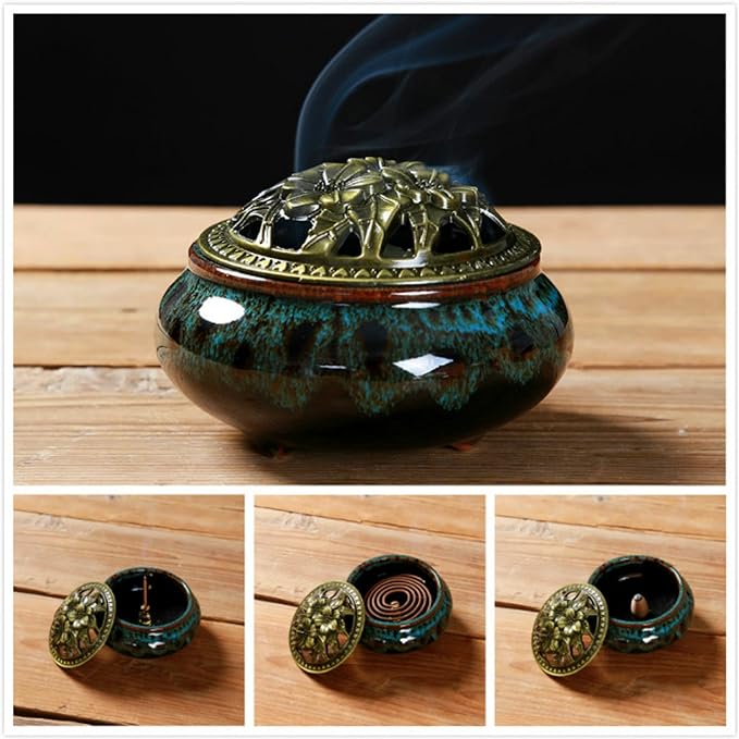 Ceramic Incense Burner with Incense Stick Holder + Insulation use for Stick or Coil Incense, Sage Cones and Frankincense