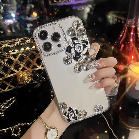 Bling Crystal Diamond Camellia Flower Rhinestone Luxury Glitter Transparent TPU Protective Case for [iPhone15, 15Plus, 15Pro, 15P.Max]