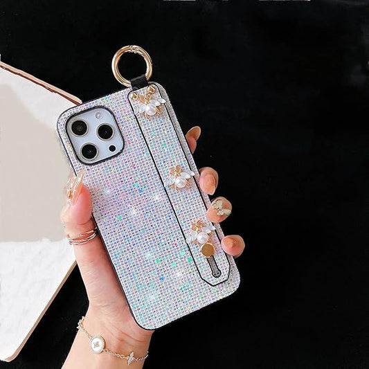 Glitter Case for iPhone 13 Pro Max Sparkly Bling Diamond Stand Holder Case with Hand Strap Wrist Strap Bee Bracelet for Women Girls Cute TPU Shockproof Phone Case