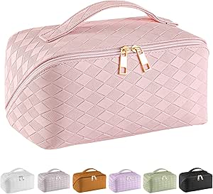 SFXULIX Large Capacity Travel Cosmetic Bag - Makeup Bag, PU Leather Waterproof Cosmetic Bag, Women Portable Travel Makeup Bag With Handle and Divider Flat Lay Makeup Organizer Bag (Z2-Pink)