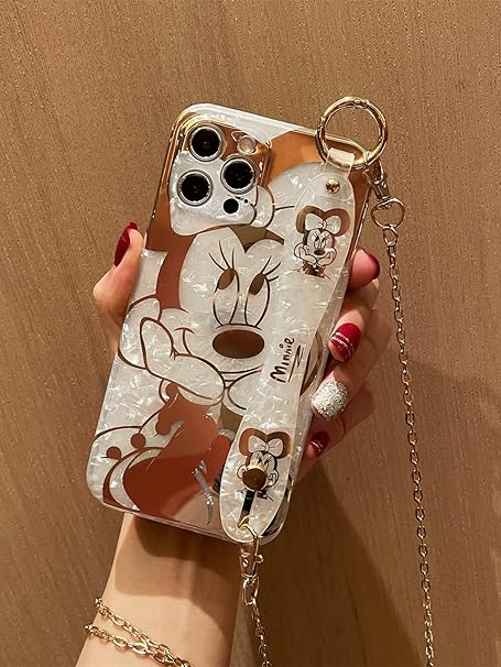 Filaco Cartoon Case for iPhone 13 Pro Max, Cute Minnie Sparkle Bling Cover with Metal Chain Strap, Wrist Strap Kickstand Soft TPU Shockproof Protective for Women & Girls