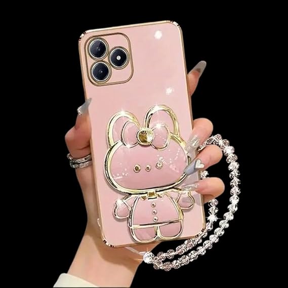 Cute Bunny Rabbit Mirror Design with Kickstand & Makeup Mirror Luxury Girly Case Compatible with iPhone 15 Pro & 15 Pro Max