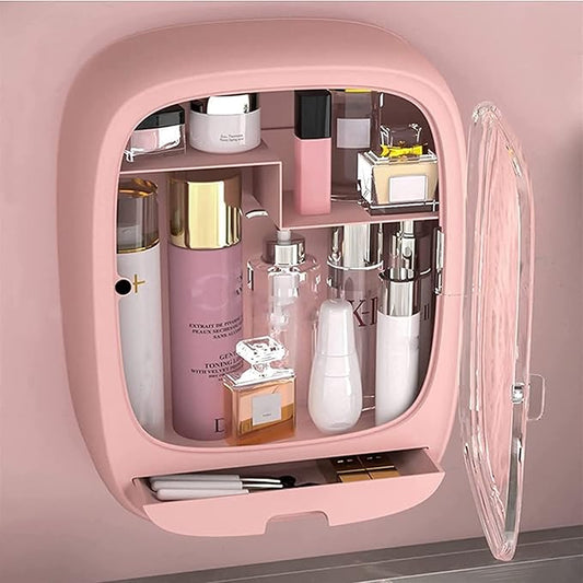 Makeup Organiser, Bathroom Sink Wall-Mounted Non-Perforated Cosmetic Storage Box,Waterproof And Dustproof Bathroom Toilet Sink Storage (Color : Pink)