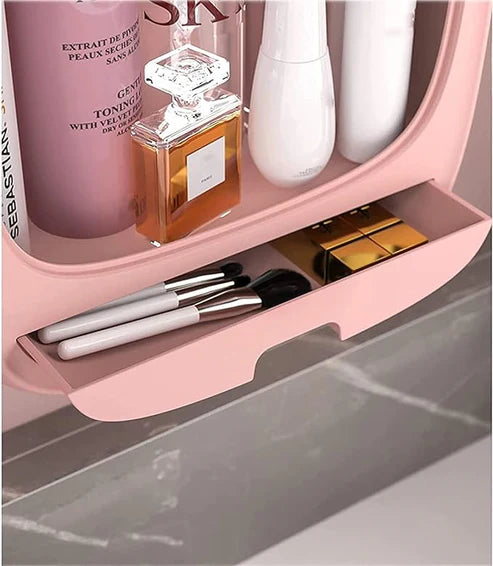 Makeup Organiser, Bathroom Sink Wall-Mounted Non-Perforated Cosmetic Storage Box,Waterproof And Dustproof Bathroom Toilet Sink Storage (Color : Pink)