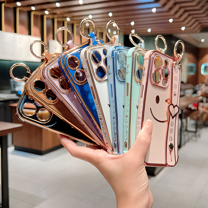 Smiley Face Design Soft TPU electroplated Case Compatible with [iPhone 16, 16Plus, 16Pro, 16ProMax with Ring, Kickstand Strap