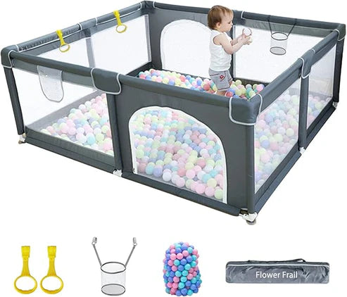 Gimars 320D Washable Baby Playpen with Padding Mat, 6in1 Large Playpen for Toddlers, Sturdy & Safe Playpen with Padded Cotton Top Rod for Protecting Babies, Baby Play Yard with Zipper Gate