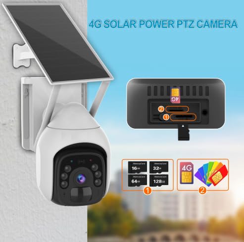 Solar Security Camera Solar CCTV Security Camera Wireless HD Surveillance System 5MP, 4G/5G SIM PTZ Camera with 8X Zoom, 2-Way Intercom, Motion Tracking, SD Card Supported, Pan Tilt and Remote APP