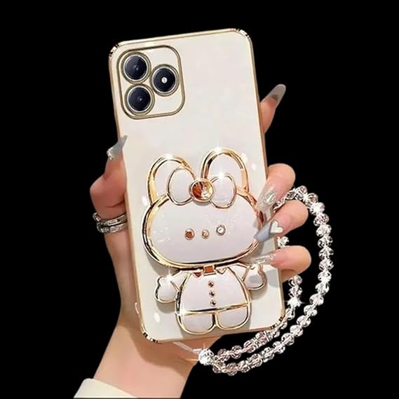 Cute Bunny Rabbit Mirror Design with Kickstand & Makeup Mirror Luxury Girly Case Compatible with iPhone 15 Pro & 15 Pro Max